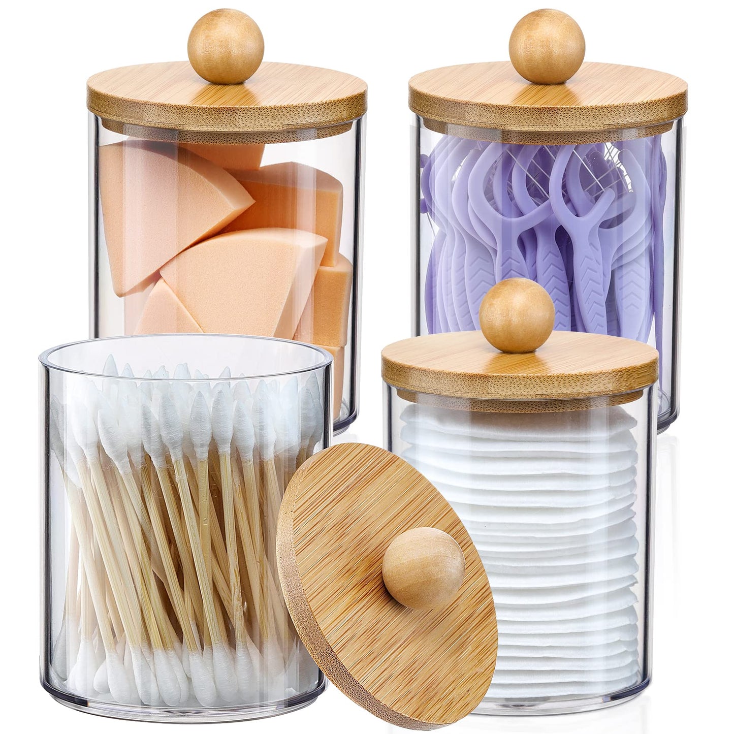 4 Pack Qtip Holder Dispenser with Bamboo Lids