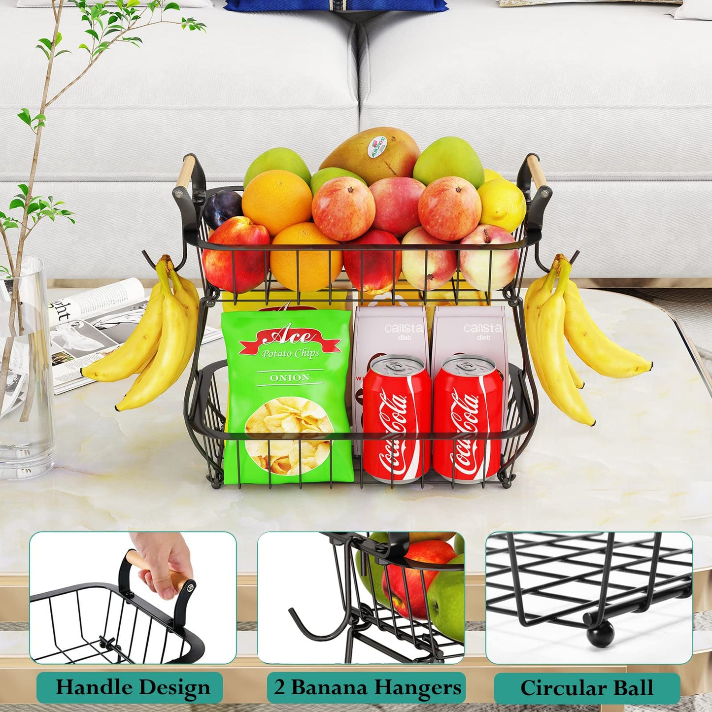 2 Tier Fruit Basket with 2 Banana Hangers