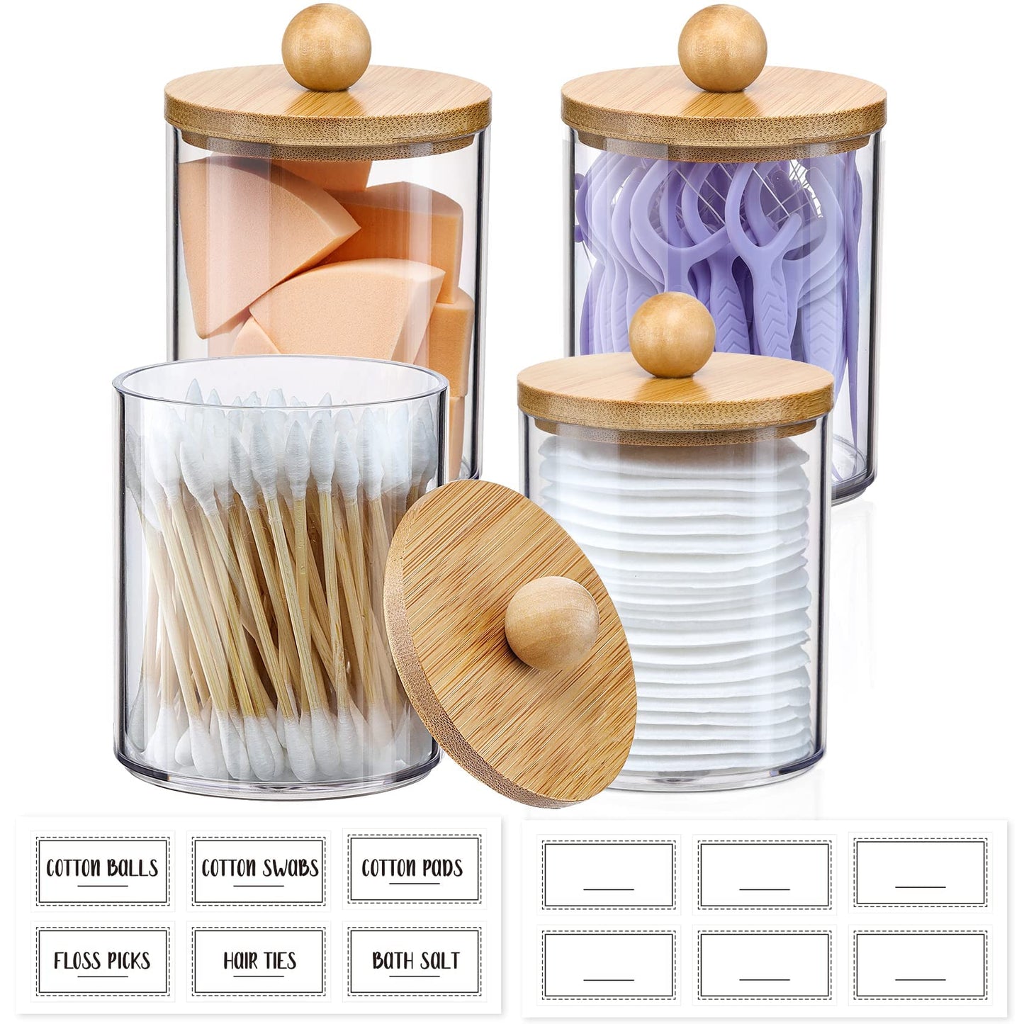 4 Pack Qtip Holder Dispenser with Bamboo Lids